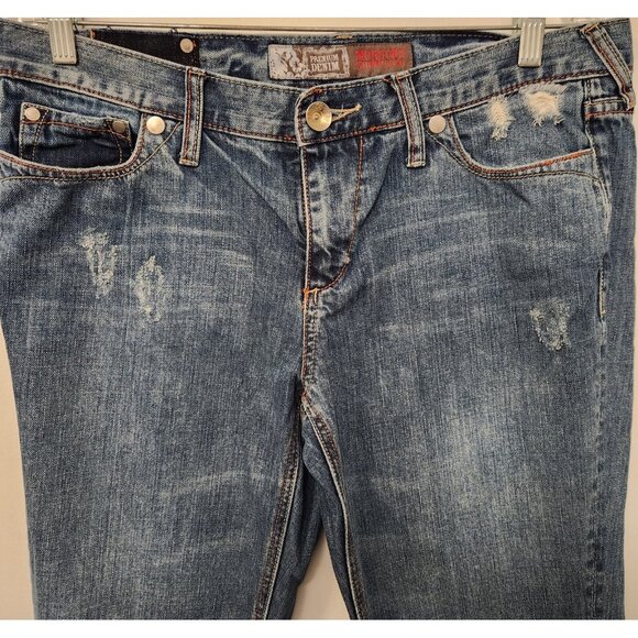 Mossimo Jeans Blue Denim Mid Rise Modern Boot Cut Distressed‎ Womens 15 34x32 - Picture 6 of 16